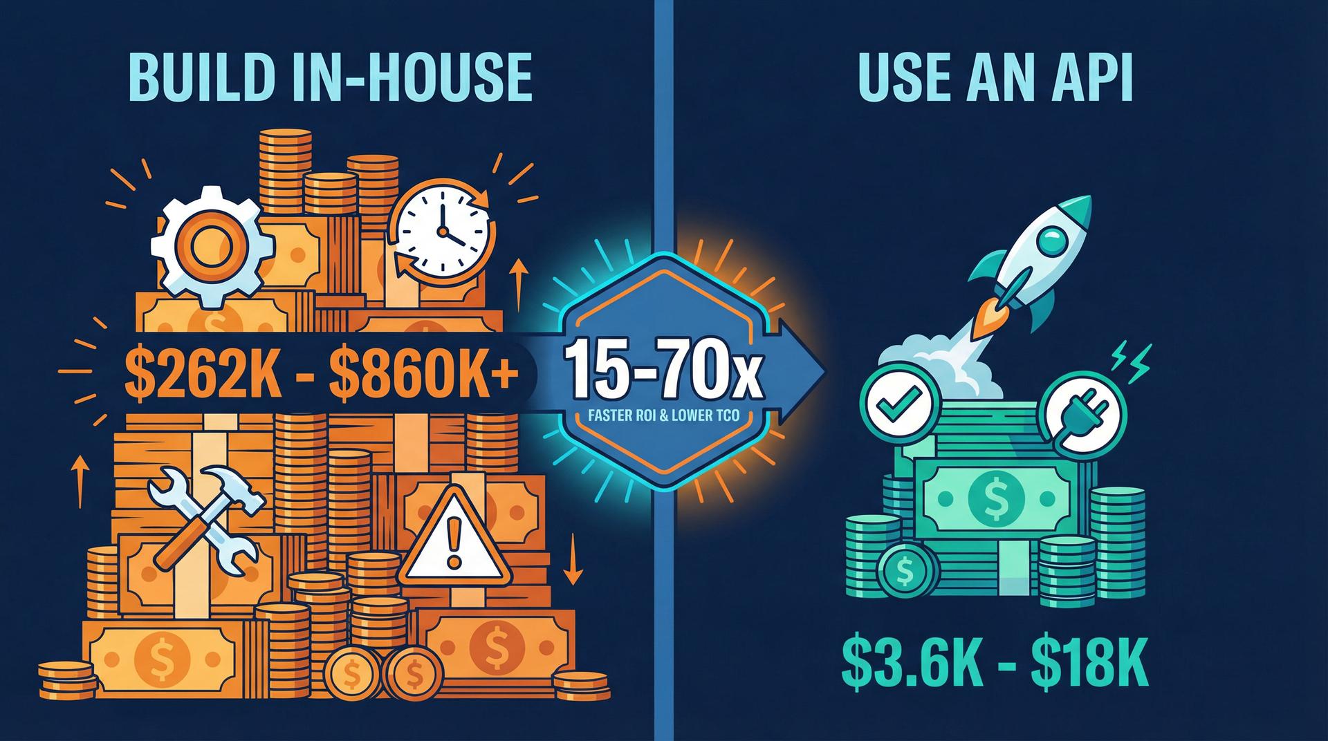 3-year total cost of ownership comparison: building in-house at $262K-$860K+ vs using an API at $3.6K-$18K
