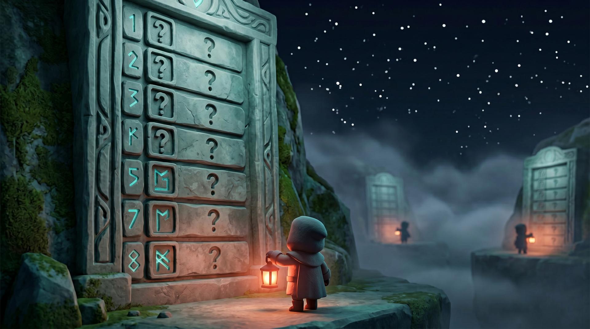 A lone user standing before a towering stone leaderboard of faceless strangers — ranks without relationships