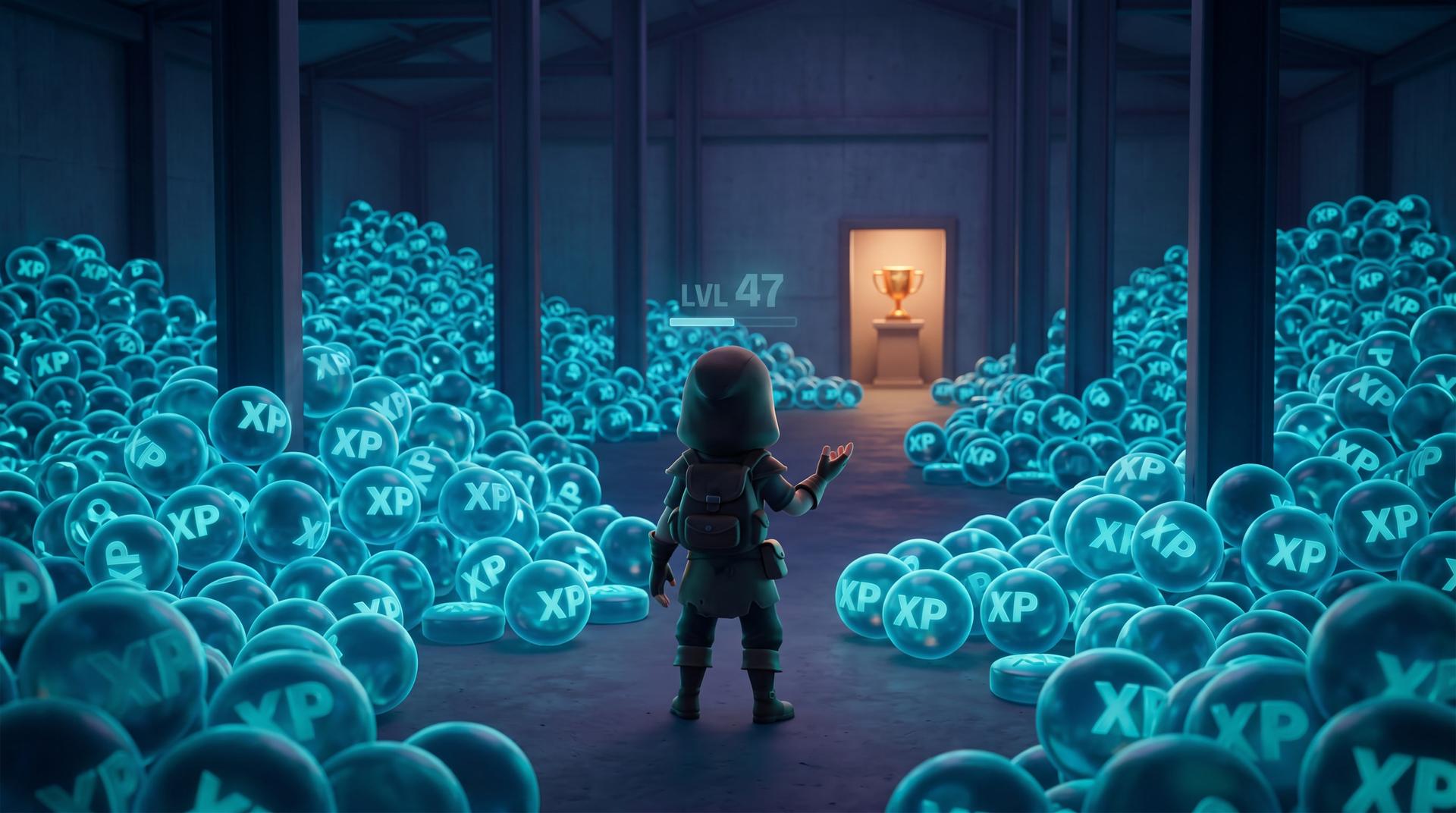 A character buried in identical XP orbs with a glowing doorway to real product value visible but unreached in the distance