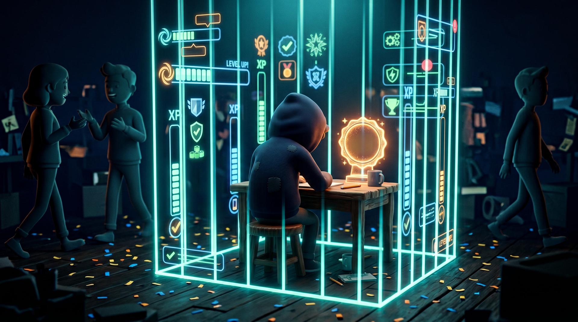 A slumped user trapped inside a glowing cage made of XP bars and badge outlines while free users walk past outside