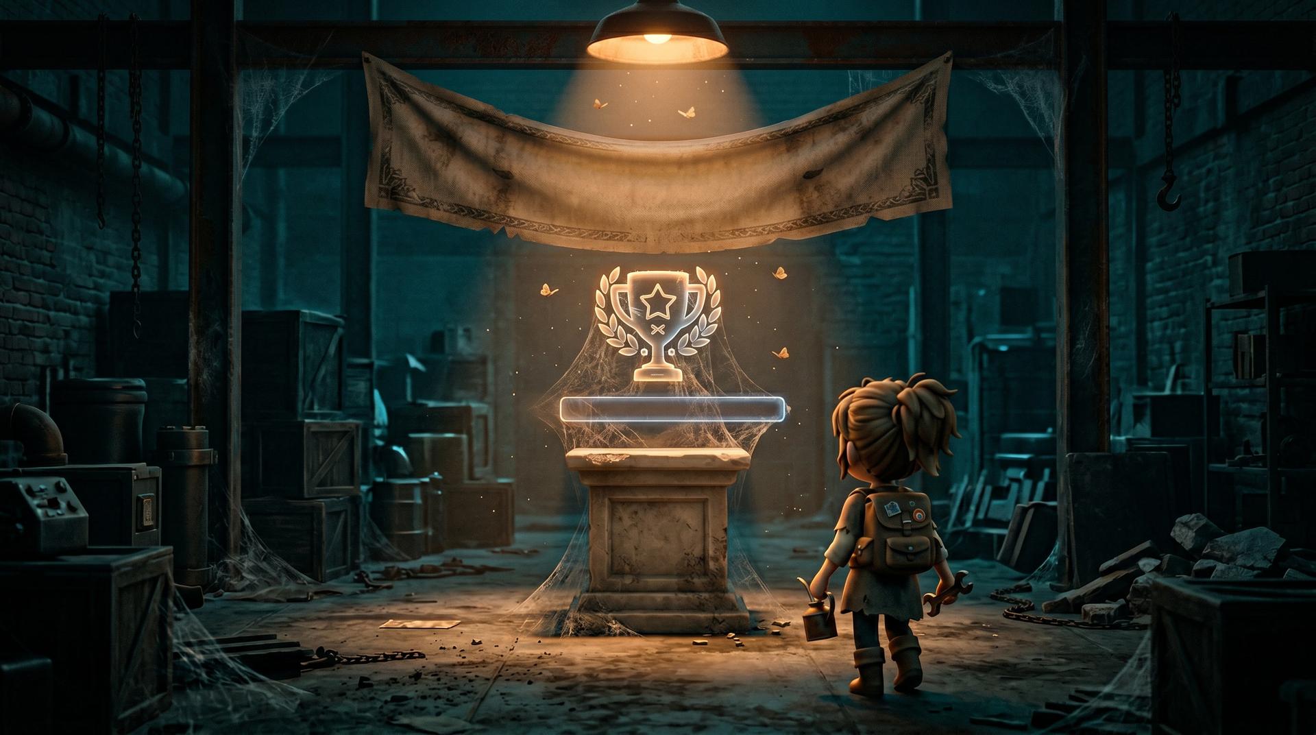 A dusty cobweb-covered trophy on a forgotten pedestal with a small character approaching carrying an oil can — revival possible