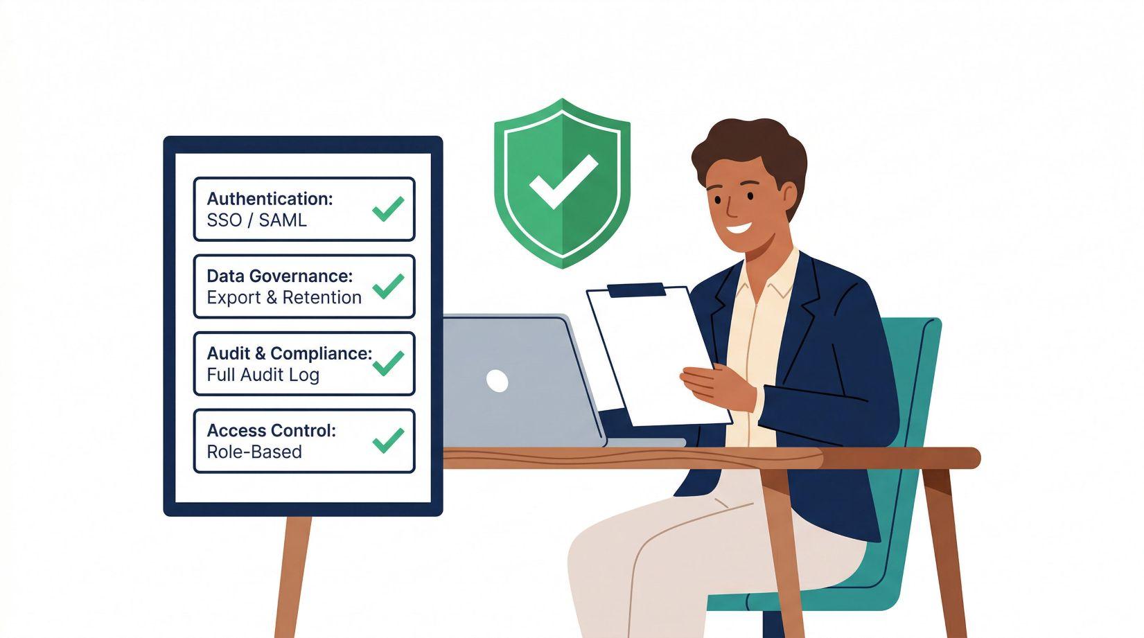 An IT security review process illustration with a checklist document showing authentication, data governance, audit compliance, and access control checkmarks alongside a green shield approval icon.