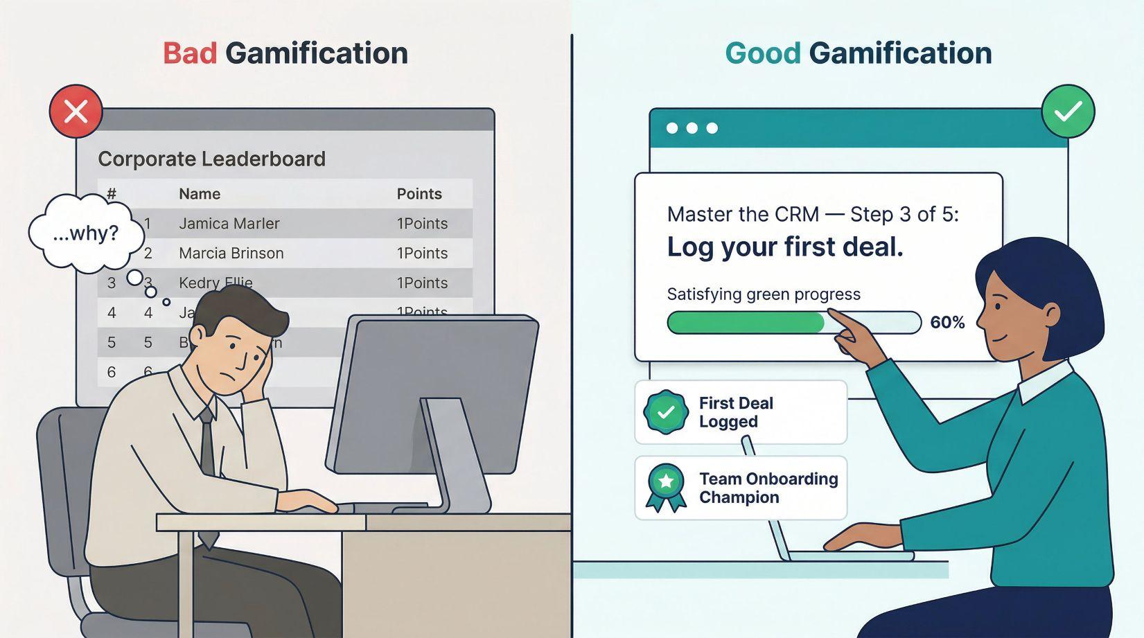 A split illustration showing two contrasting gamification implementations: on the left, a poorly-designed system with a generic leaderboard showing demotivated employees, and on the right, a well-designed system with meaningful quest progress and a motivated employee completing a milestone.