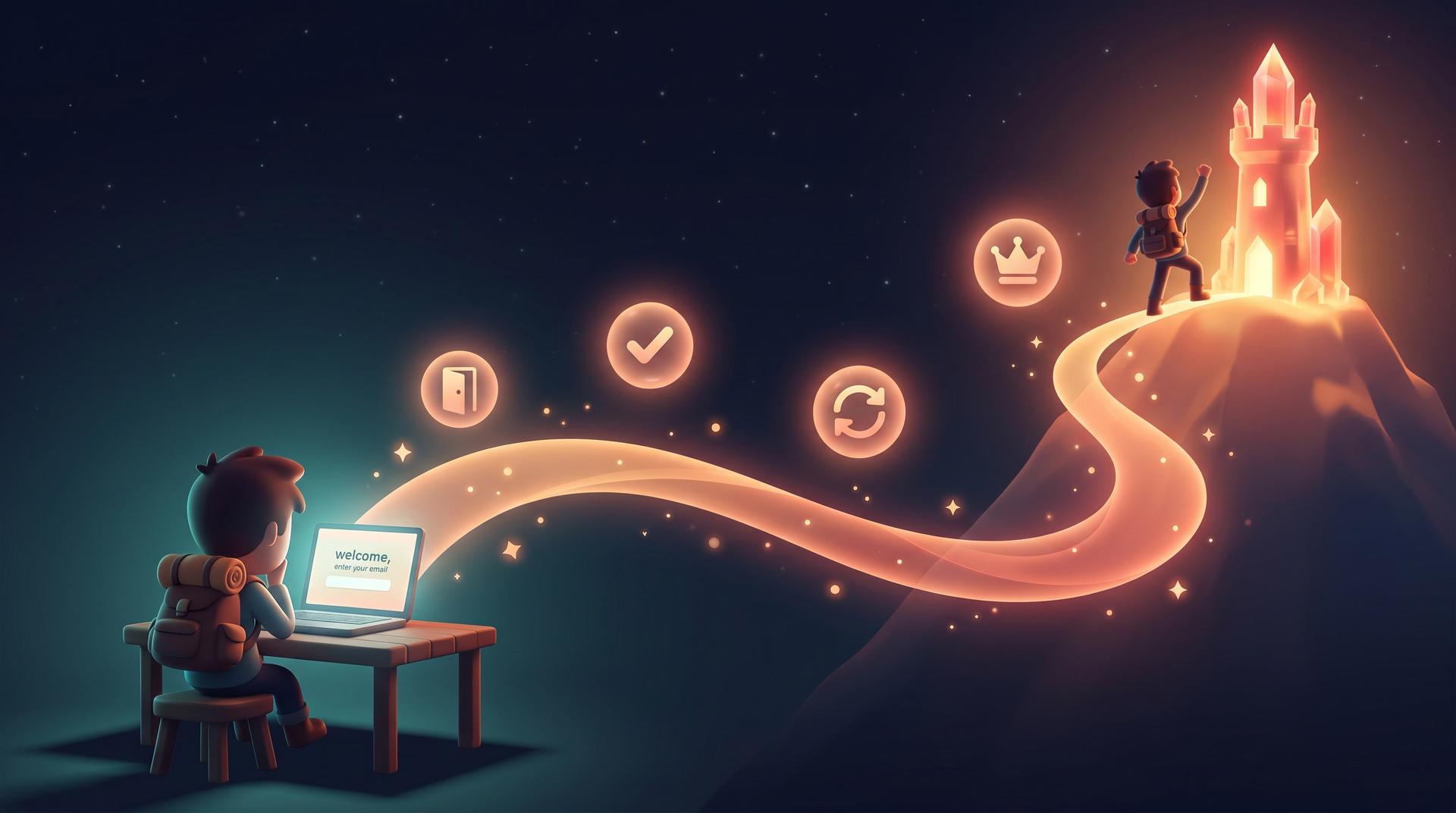 A lost user at a signup screen transforms into a confident power user at the summit — the entire quest journey rendered as a single cinematic scene