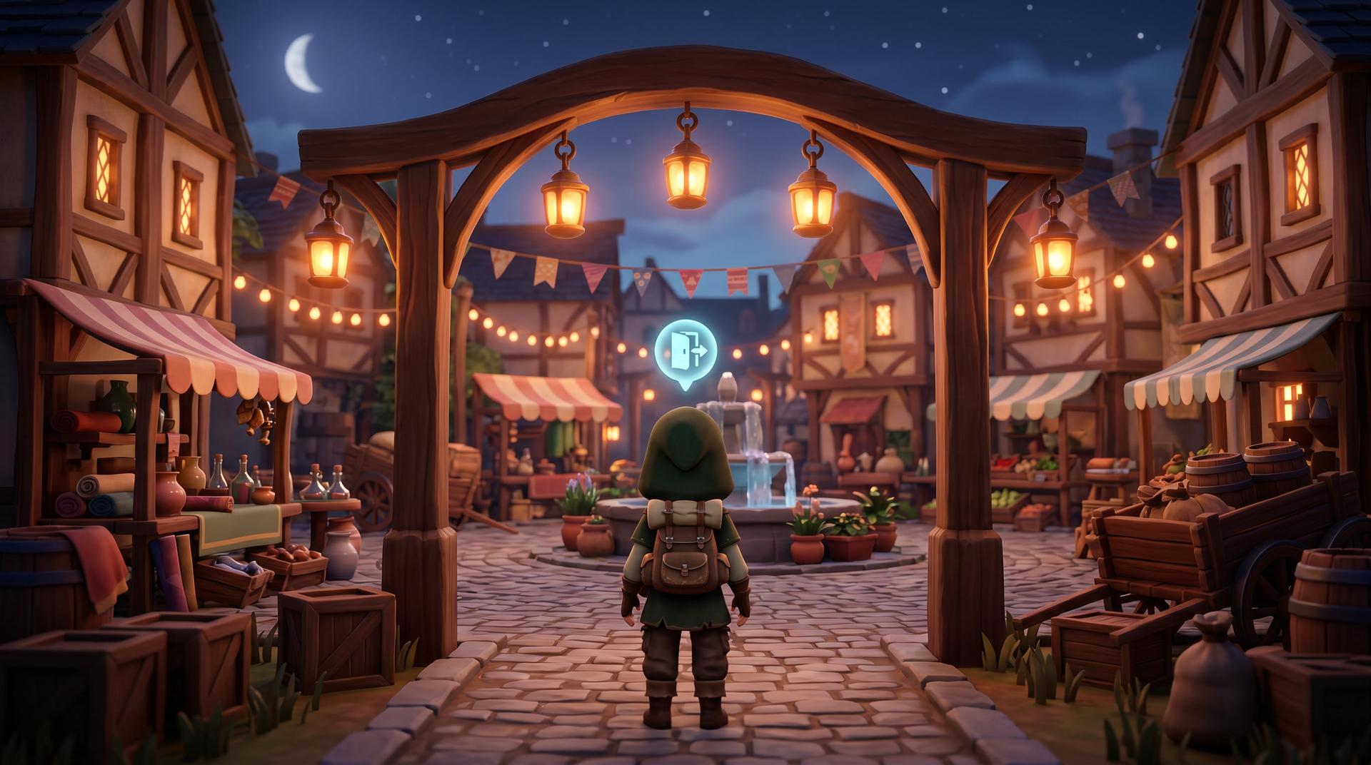 The new user arrives at a welcoming village gateway where the space is pre-populated with demo content — the orient stage ends with the user seeing something that already feels like theirs