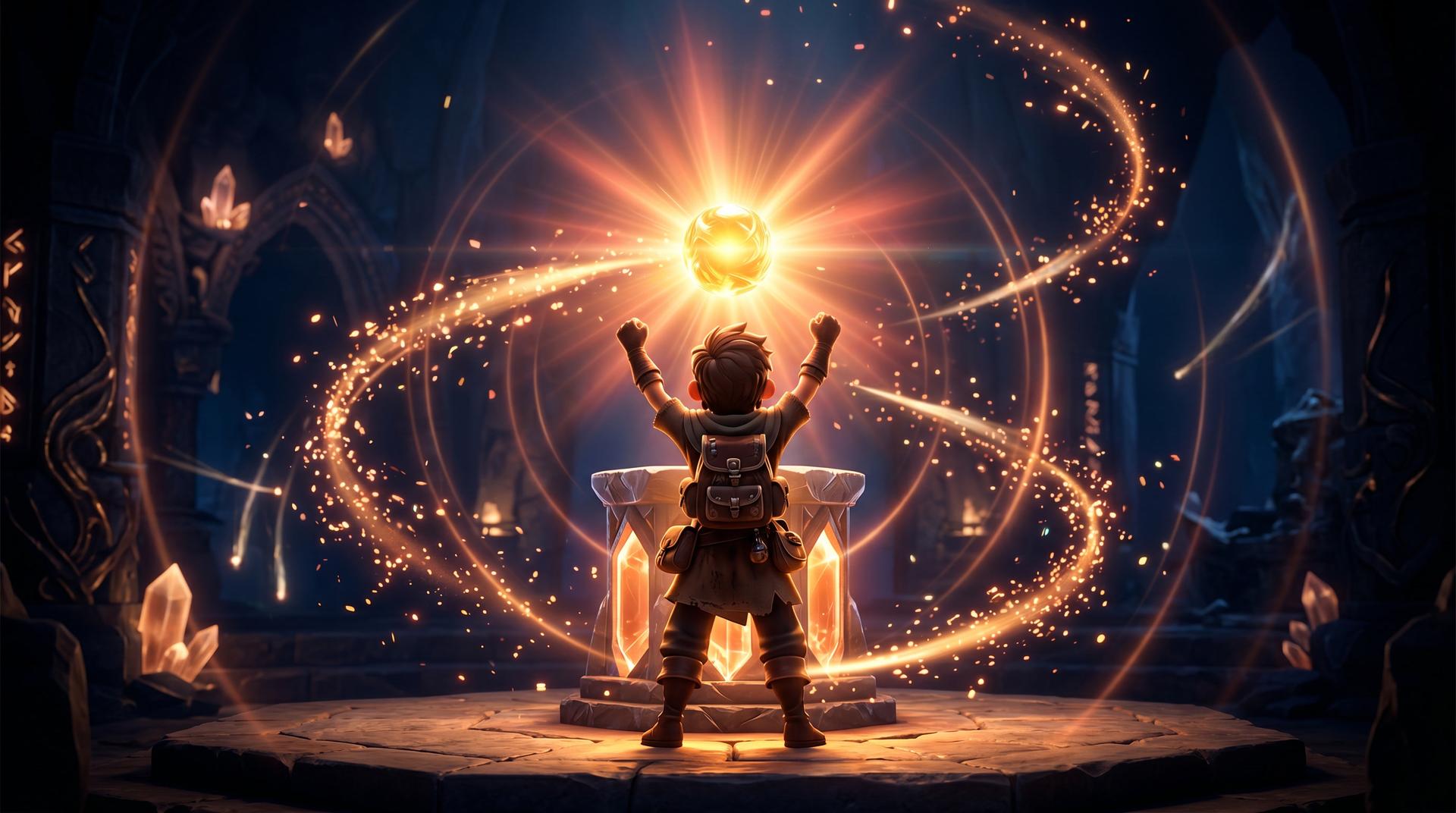 The aha moment rendered literally — the user lifts a radiant achievement from a crystalline pedestal as rays of warm light burst outward and XP sparks swirl in celebration