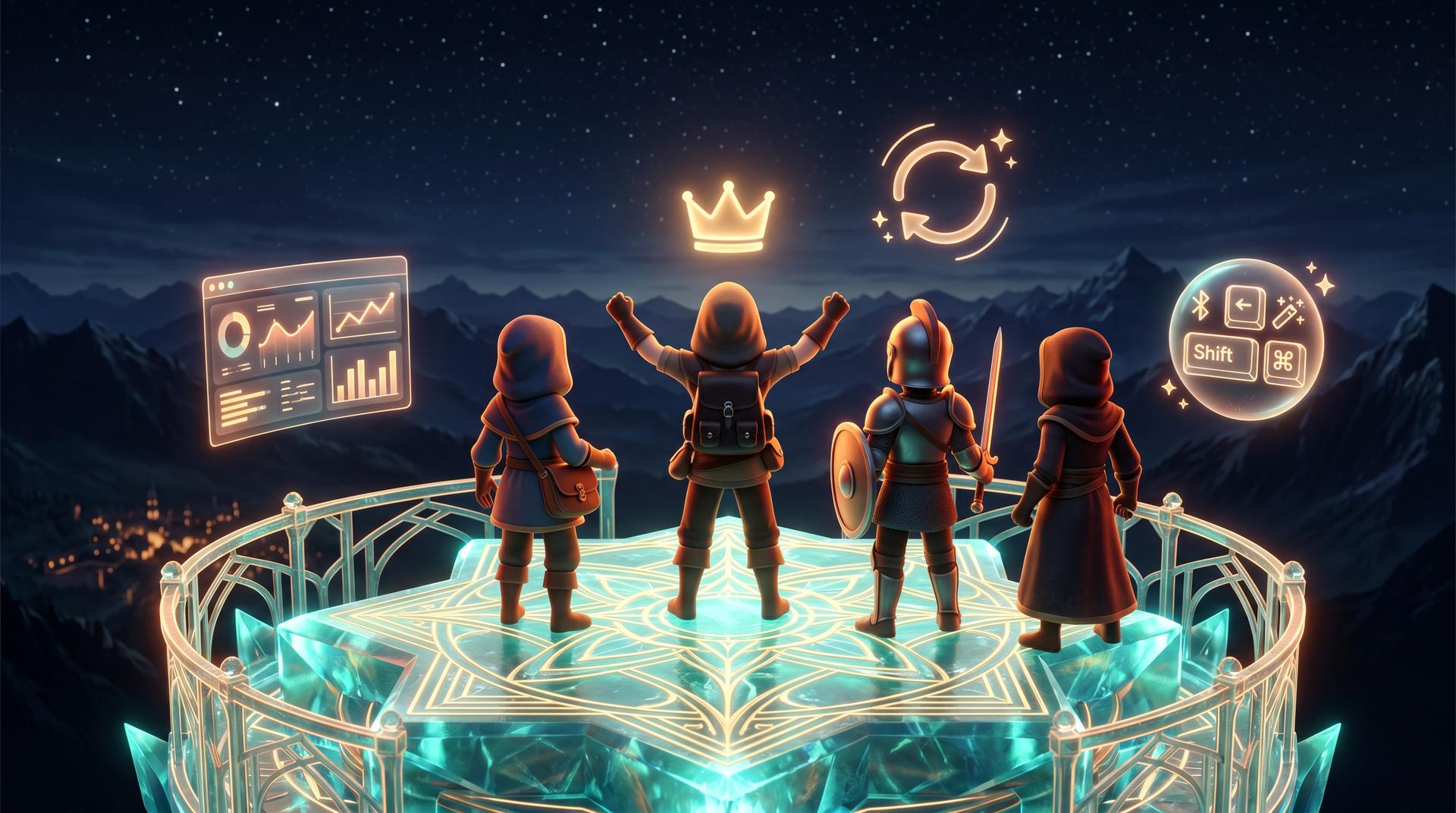 The user stands at the summit of a crystalline tower with companion teammates and floating holographic control panels — mastery, depth, and expansion revenue made visible