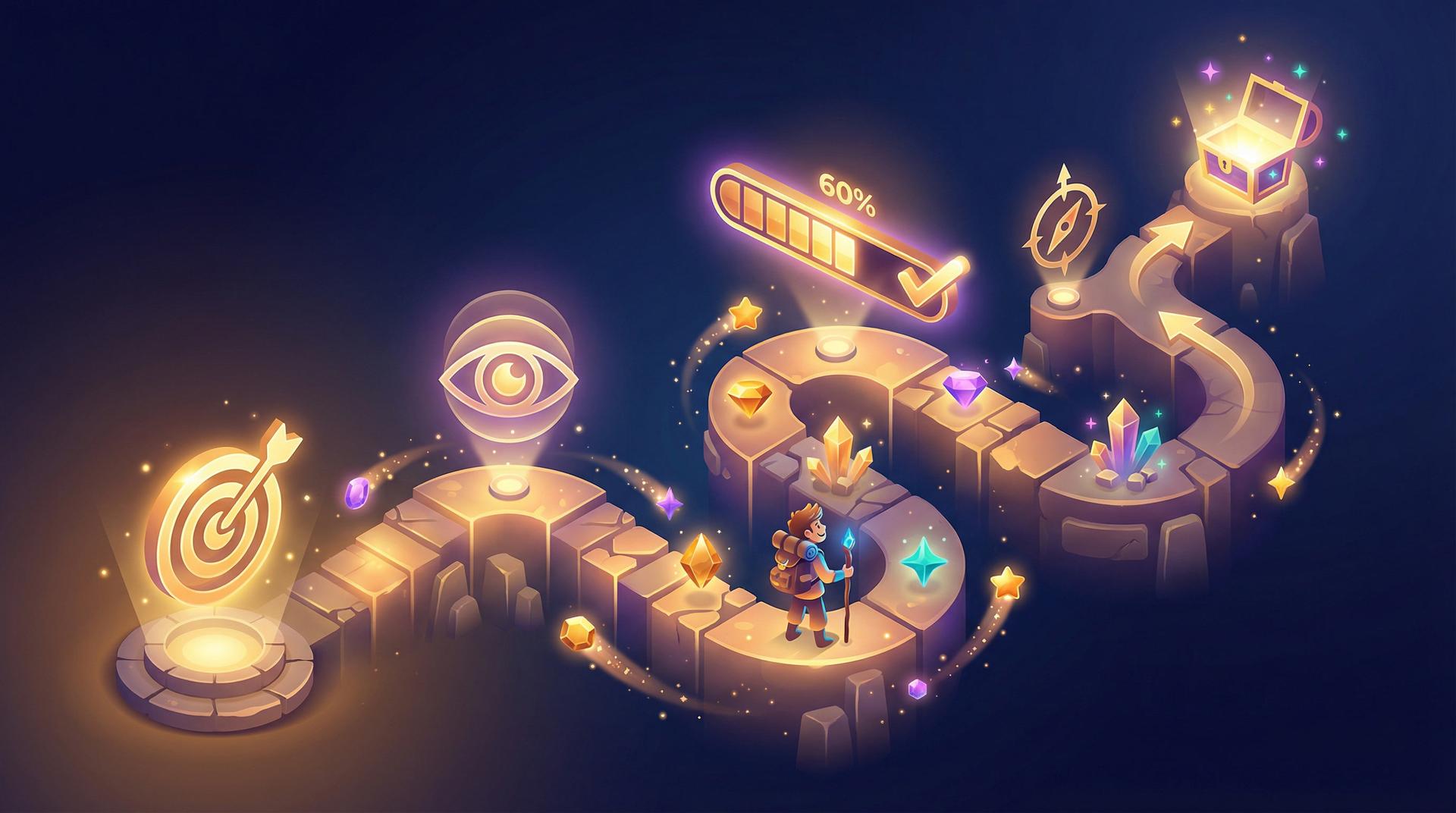 Five quest design principles — anchor to outcomes, progressive disclosure, visible progress, reward the journey, and design for failure