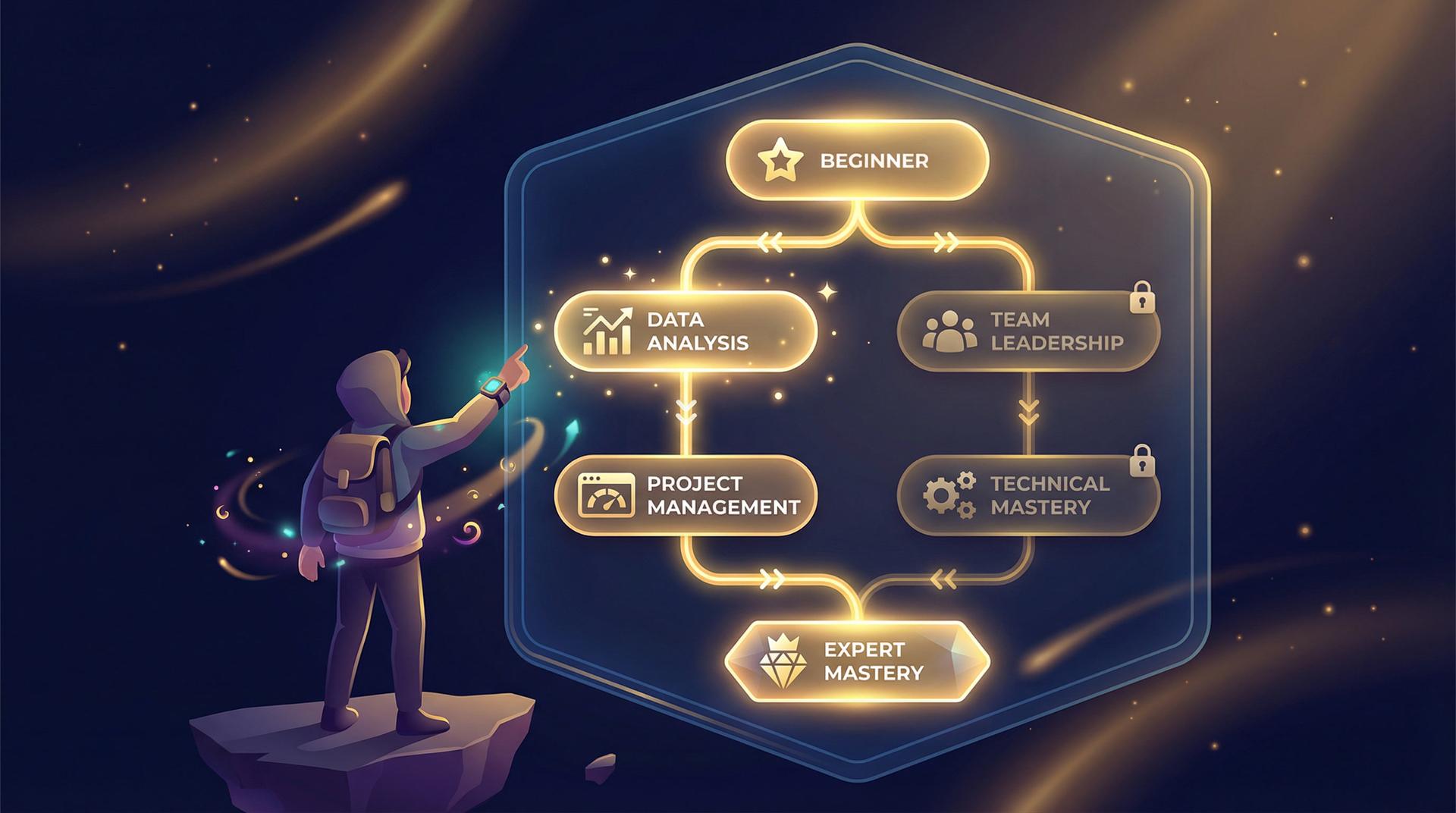Prerequisite tree showing quest paths branching from First Steps through Analytics and Team tracks, converging at Platform Expert